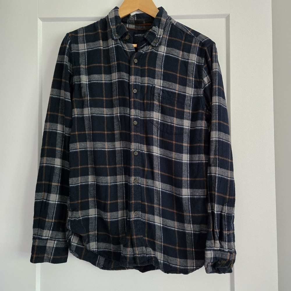 Denim & Flower Men's Medium Navy Plaid Long Sleeve Button Shirt 💯 Cotton